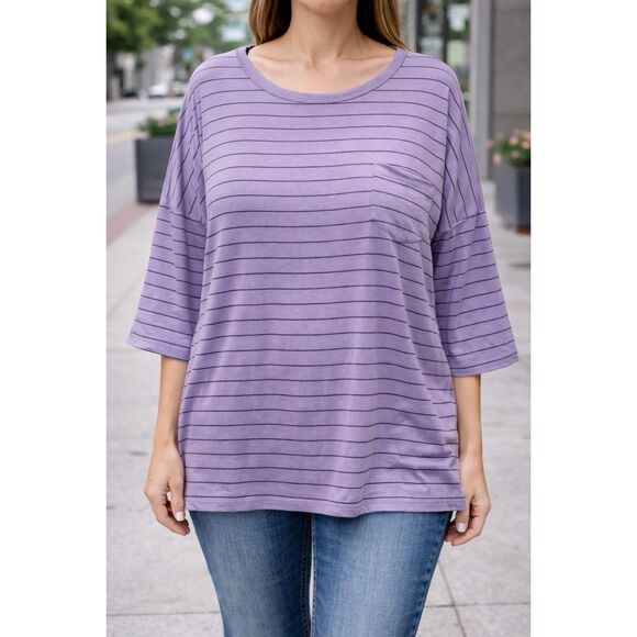 Comfy USA Tops - Comfy USA Size 1X Purple Striped Top Dolman Sleeve Pocket Casual Shirt